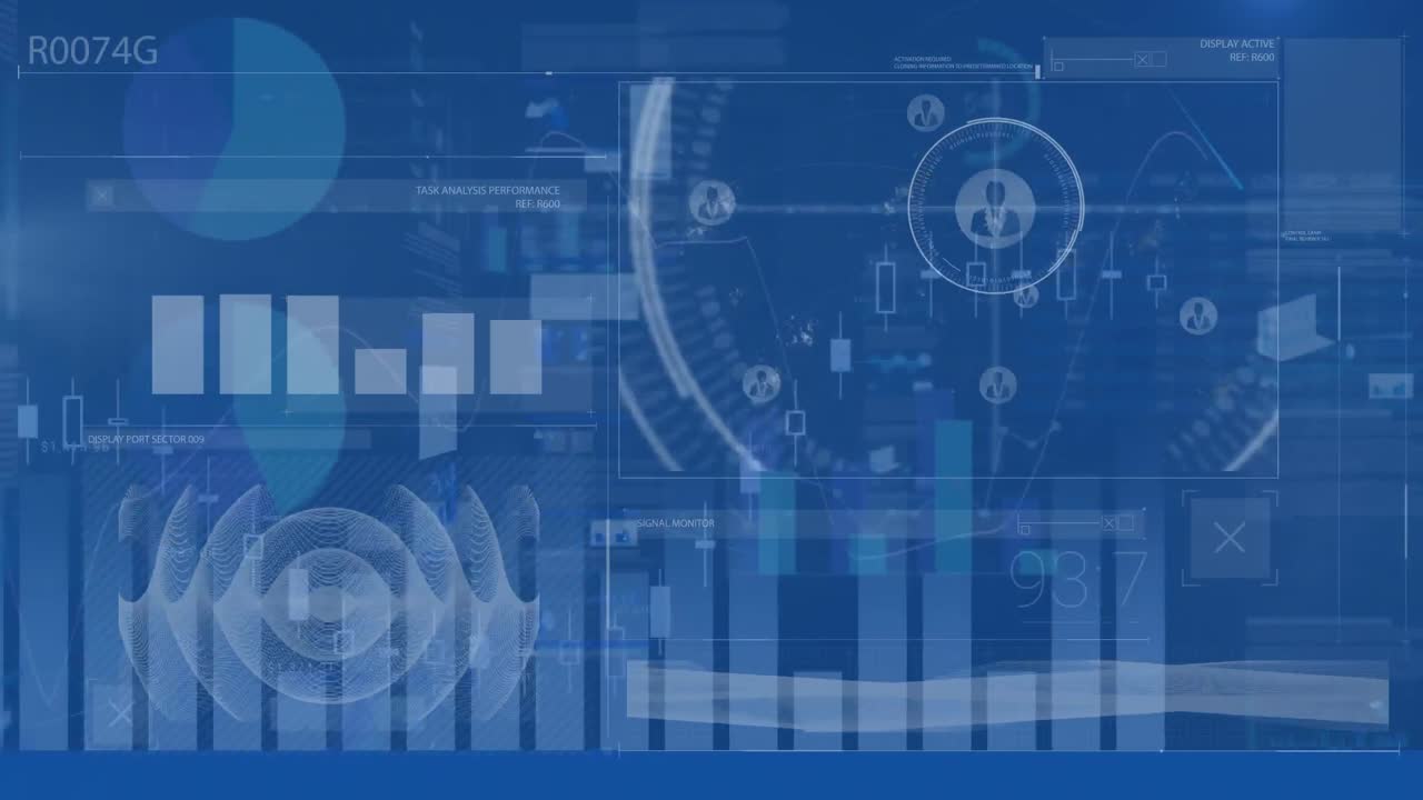Animation of graph, soundwave, profile icons and numbers over trading board in background