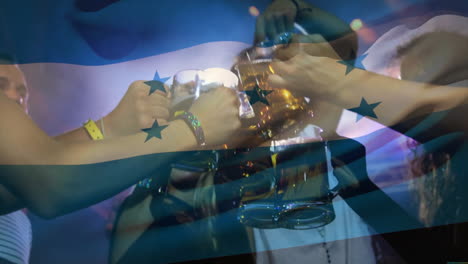 raising beer mugs in celebration, people with honduras flag animation over them
