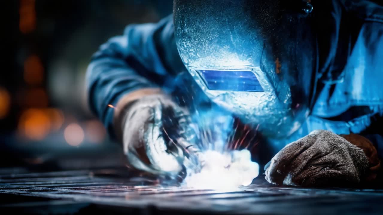 A Powerful Welding Process Captured: Sparks Ignite as Skilled Craftsman Joins Metal Parts with Precision and Care in a Dynamic Industrial Environment