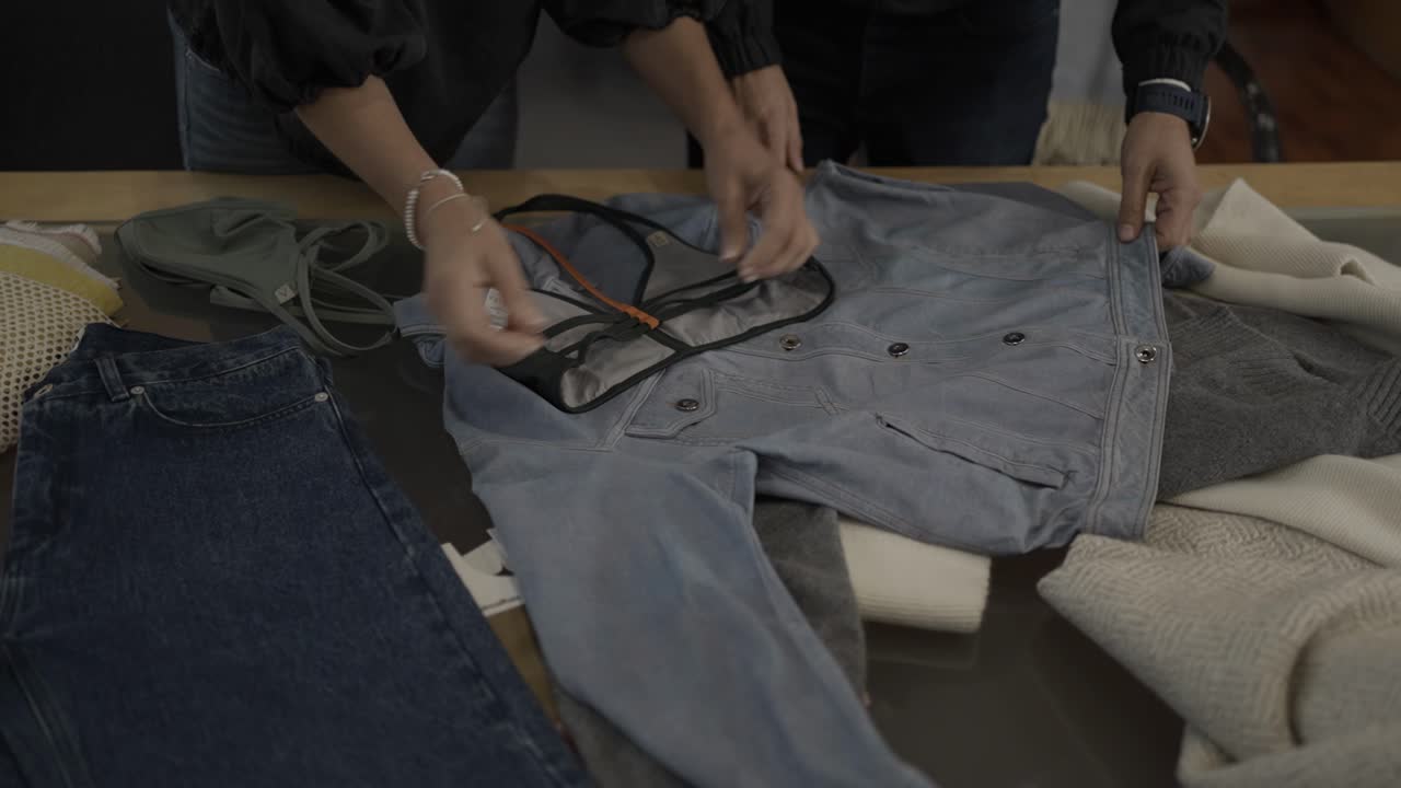 hands arranging denim jacket and garments on table for selection