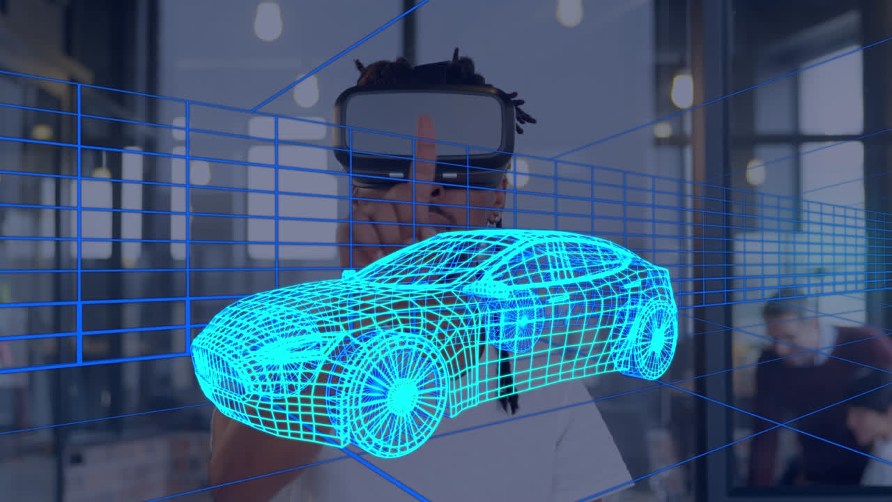 animación de dibujo 3d digital de un coche sobre un hombre usando auriculares vr