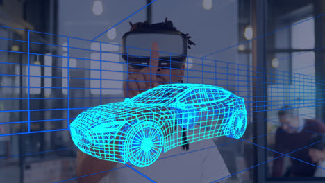 Animation-Einer-Digitalen-3D-Zeichnung-Eines-Autos-über-Einem-Mann-Mithilfe-Eines-VR-Headsets