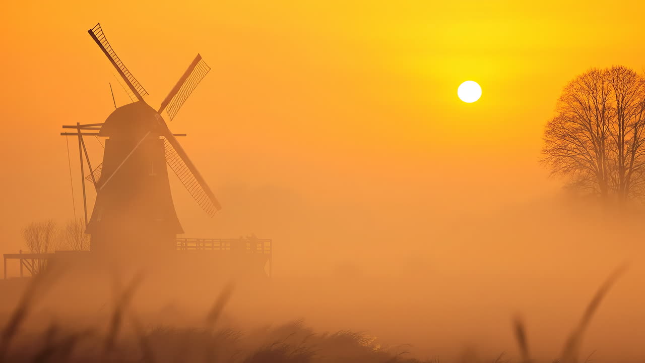 Sunrise over a peaceful windmill in fog. Orange sunlight breaks through fog, highlighting a windmill and nearby trees in a tranquil landscape at dawn