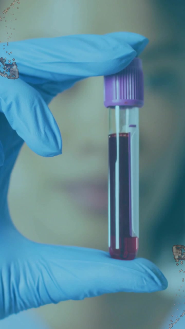 Vertical video: Lab tech showing blood tube, inspecting sample as camera revealing face for testing