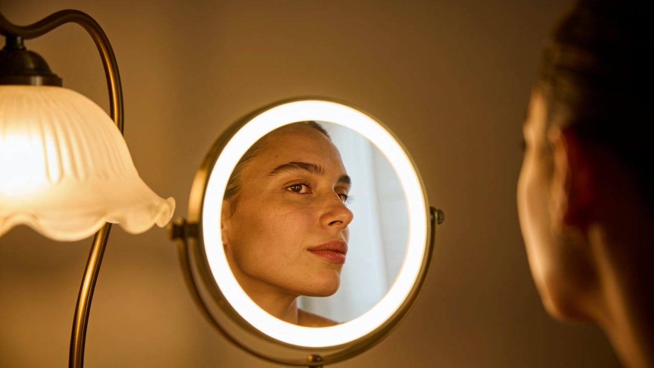 Guardando nello specchio con luce ad anello nella zona trucco, donna adulta che gira la testa e controlla la linea della mascella.