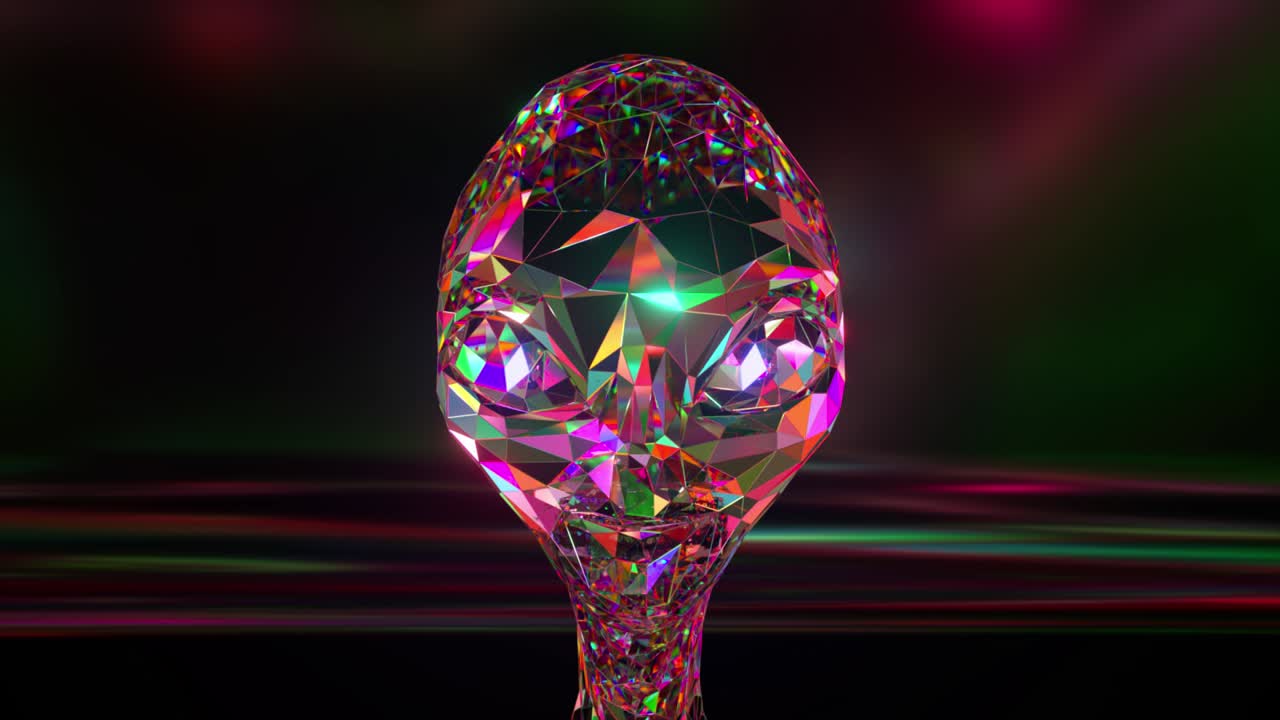 el concepto de exploración espacial. la cara de diamante del alienígena cambia de forma. el color de neón rosa. animación 3d de un bucle sin costuras.