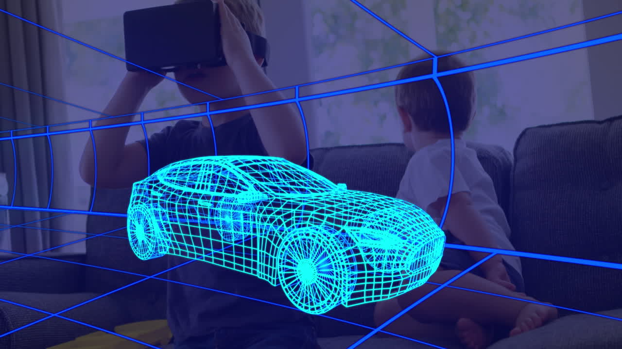 animación de dibujo técnico 3d de un coche, sobre un niño en casa con auriculares vr