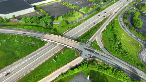 high aerial, top down view of highway interchange