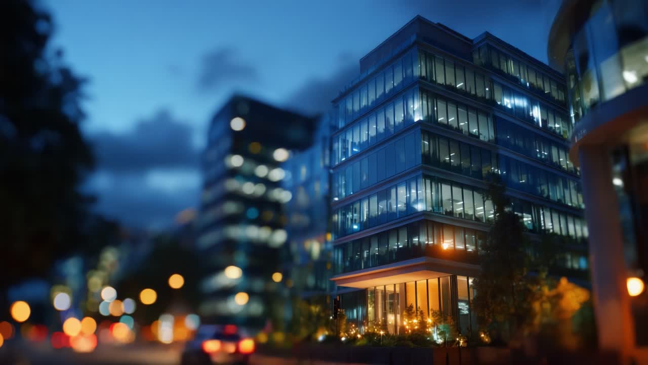 Uma bela vista noturna de arquitetura moderna, mostrando edifícios de vidro iluminados em meio a uma paisagem urbana monótona com explosões de bokeh coloridos
