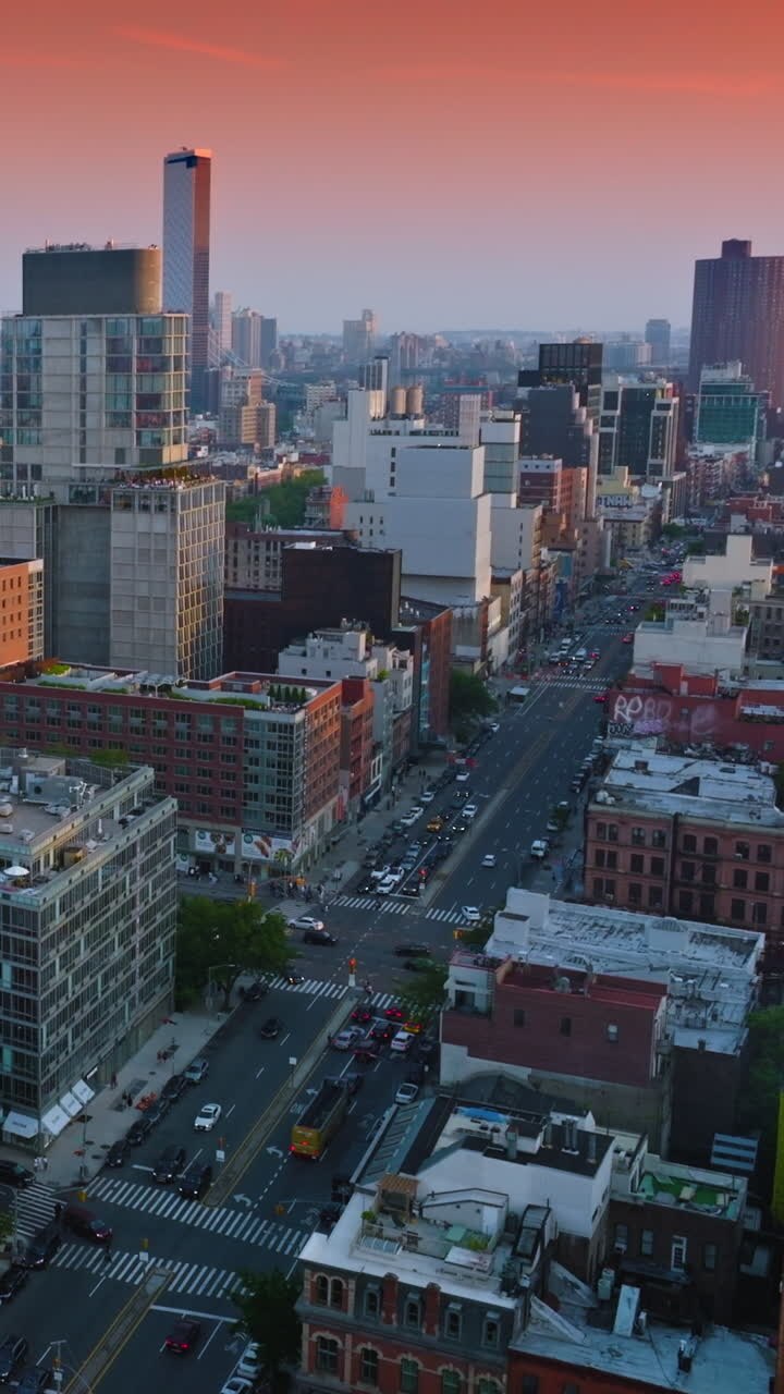 Diverse architecture of beautiful New York. Broad street with cars moving along. Wonderful pink sky background. Vertical video