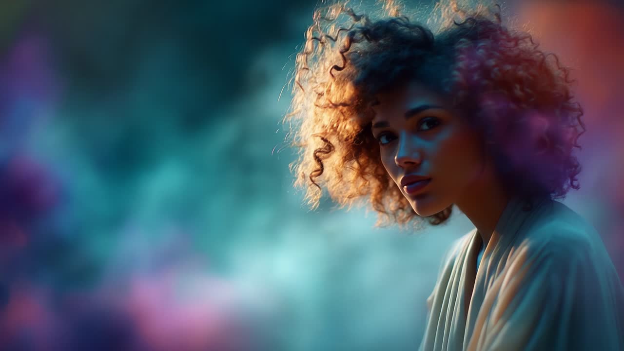 A contemplative moment captured in vibrant colors showcases a woman with curly hair, lost in thought amidst a backdrop of mystical hues and swirling smoke, creating an ethereal atmosphere