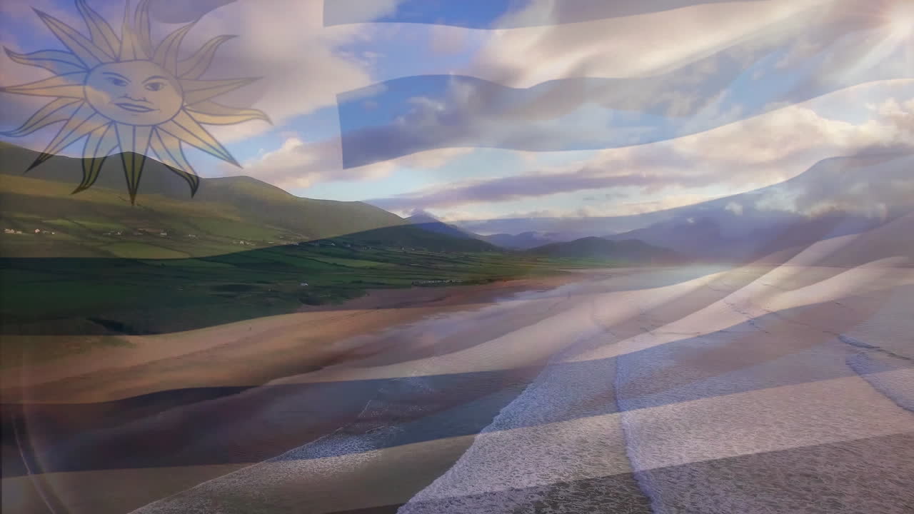 animación de la bandera de uruguay ondeando sobre el paisaje de la playa