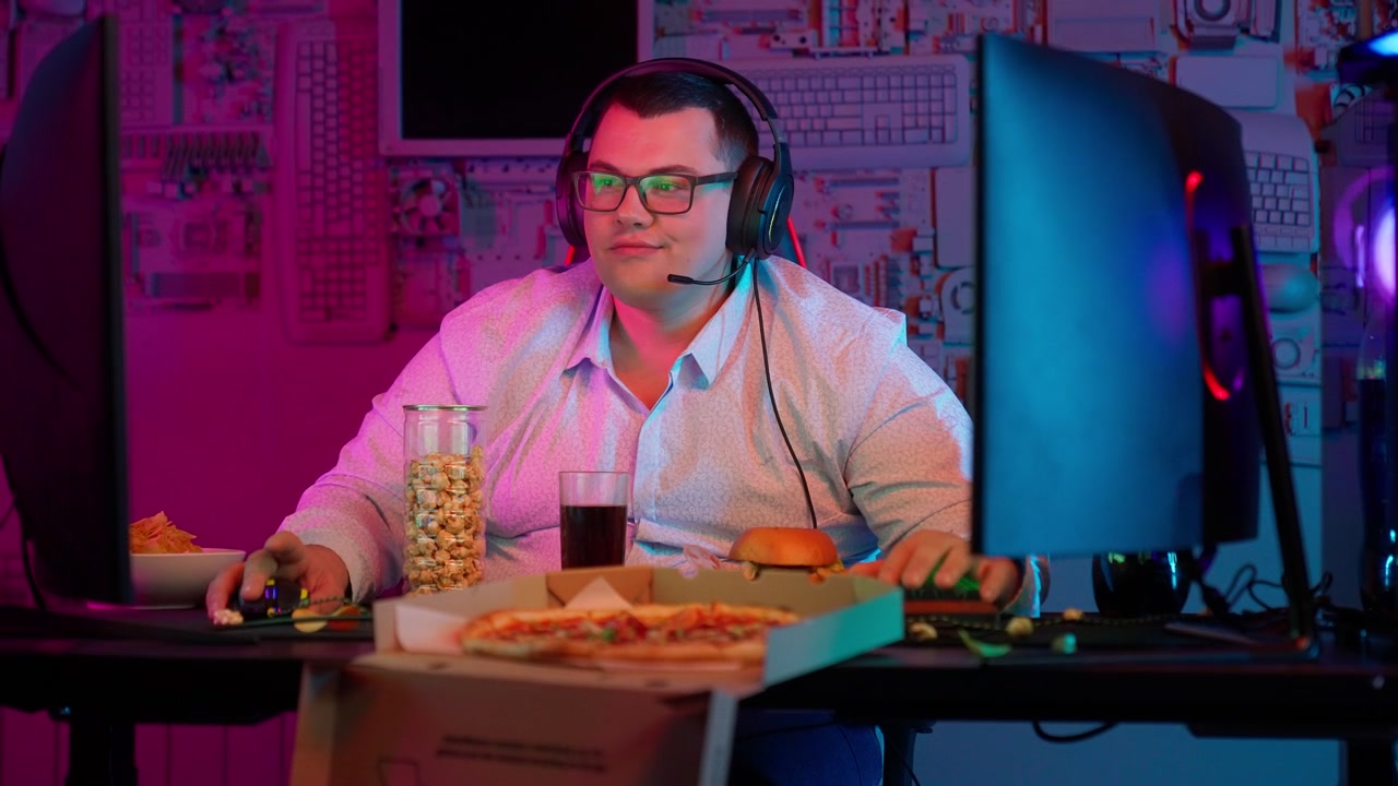 Ragazzo che gioca con fast food in una stanza illuminata al neon.