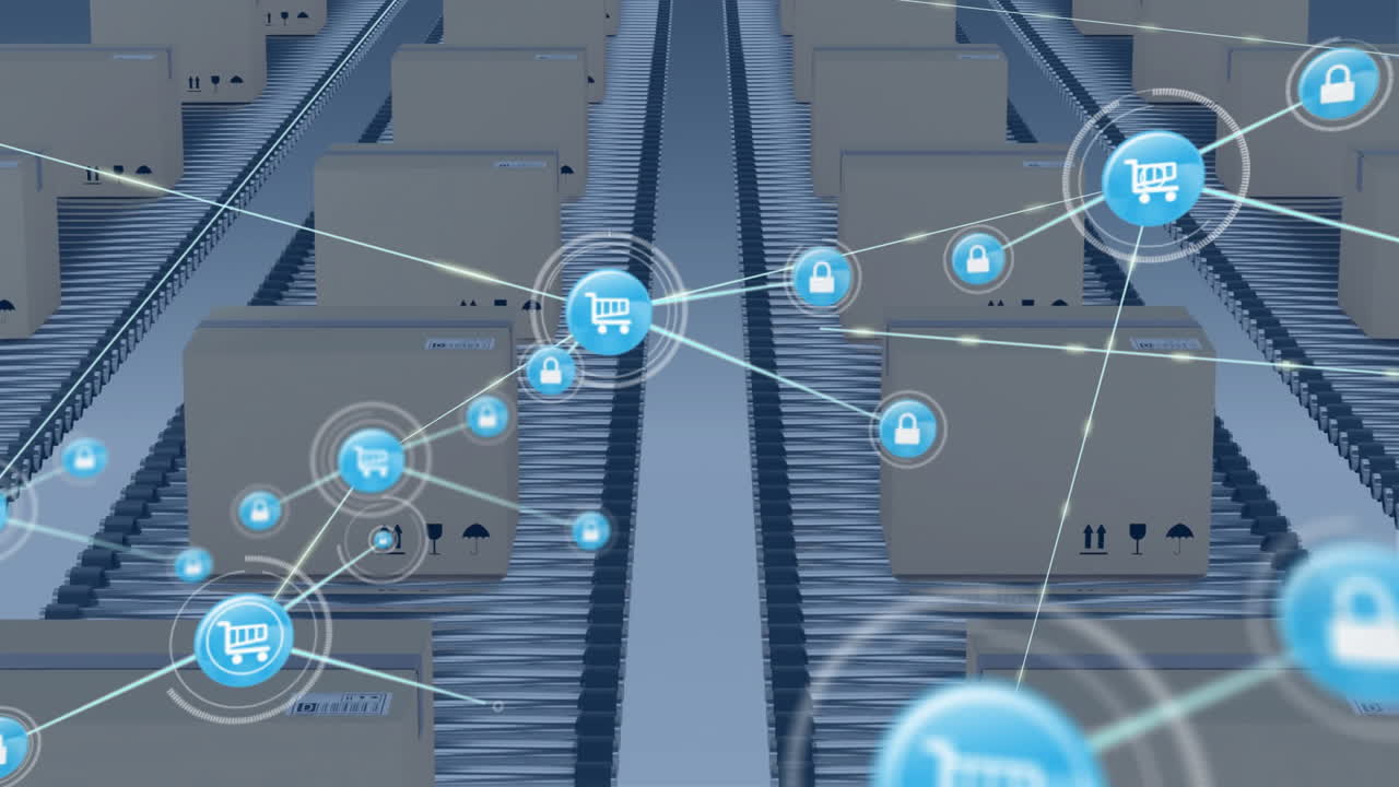 전자상거래 및 보안 아이콘 애니메이션은 카드보드 상자와 함께 컨베이어 벨트 위에 있습니다.