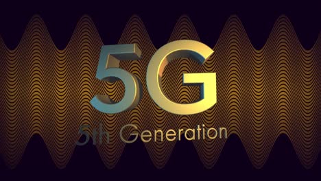 animation of 5g 5th generation text on golden waves background