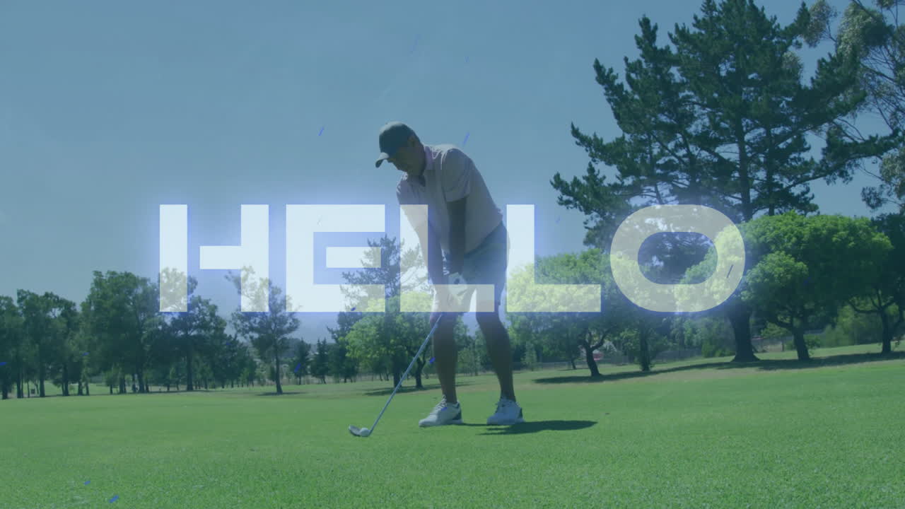 Senior man standing on golf green, gripping club with ball path lines displaying technology metrics