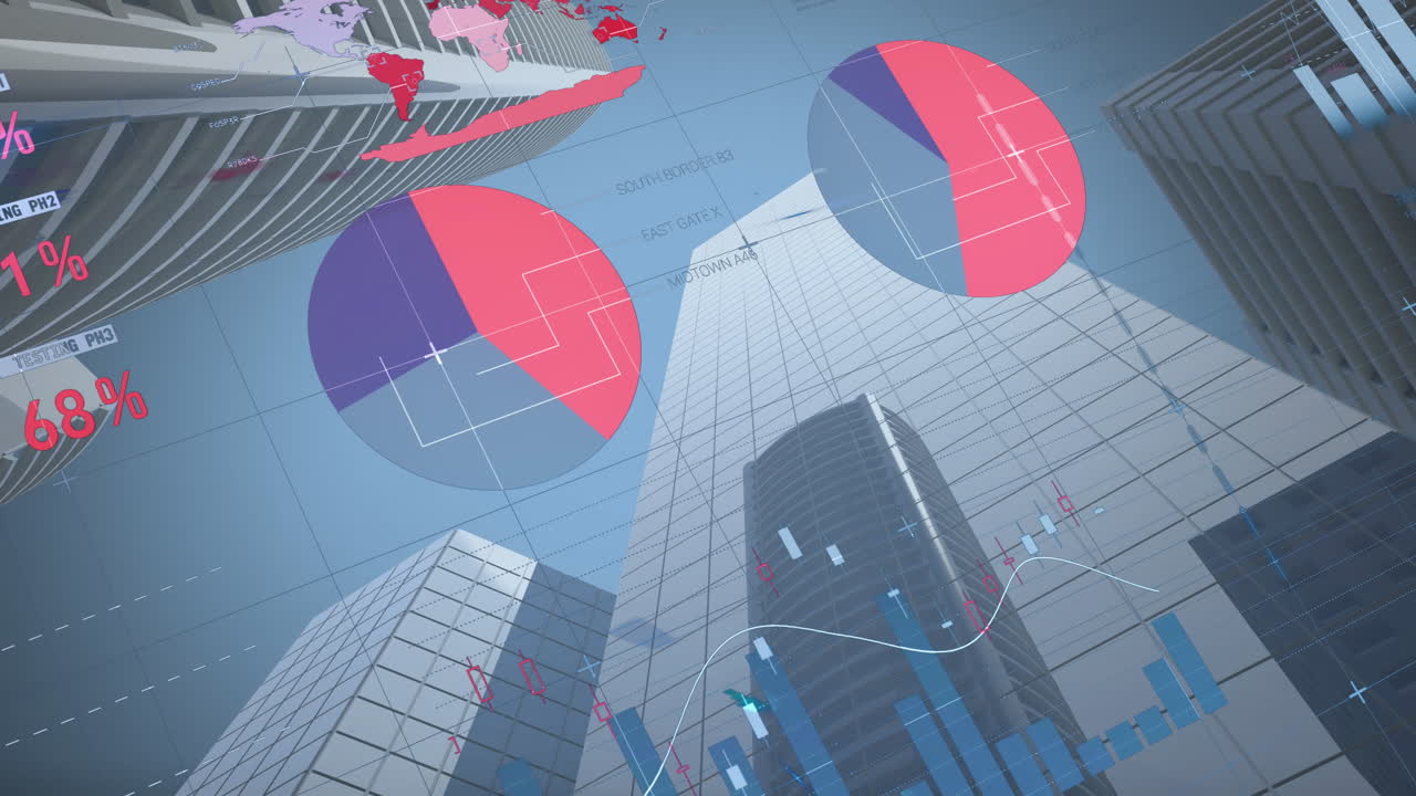 Animation of financial data processing over cityscape