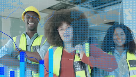 animation of data processing over diverse engineers in hi vis vests