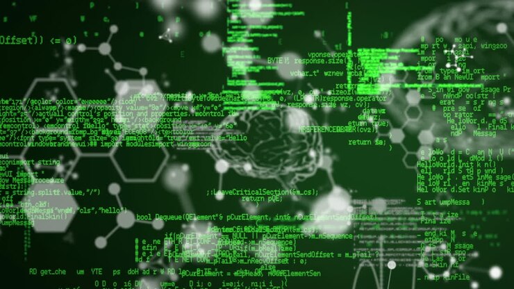 Animation of shapes and data processing on black background