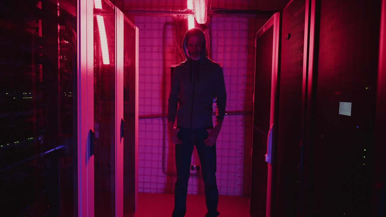 Man in a server room at night