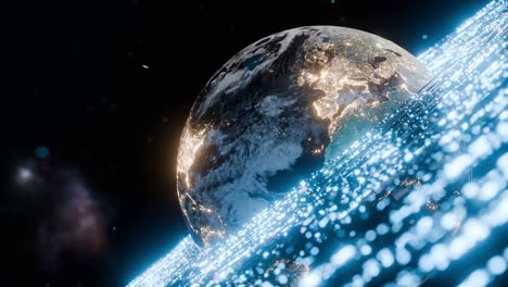 glowing earth showing illuminated europe, africa, asia with digital blue particles in outer space. 3d rendering with night lights and blue wave. futuristic technology and global connection