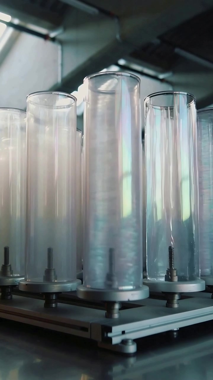 Vertical video: Shifting camera showing center glass tubes bubbling on base under skylight workshop