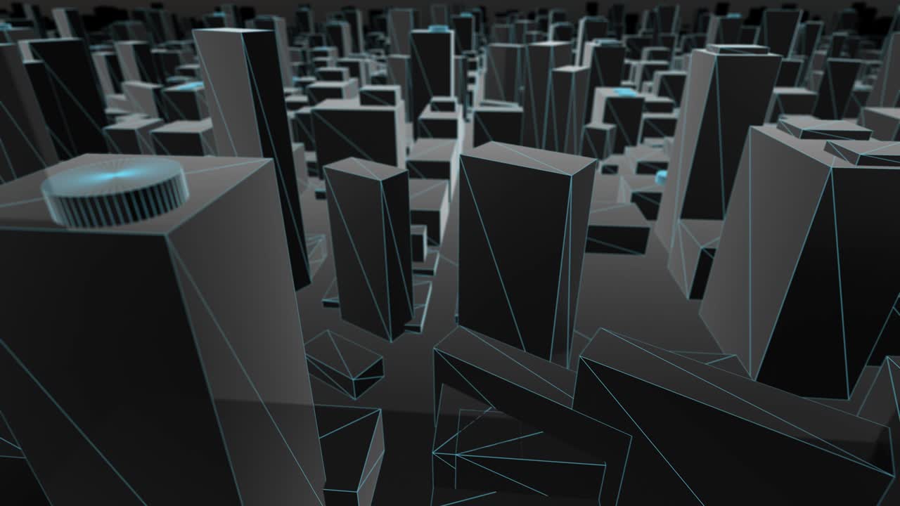 3d 도시 지도 - 파란색 와이어 프레임으로 날아가며 앞으로 바라보고 있습니다.