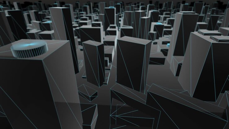 Mappa città 3D wireframe blu che vola guardando in avanti.