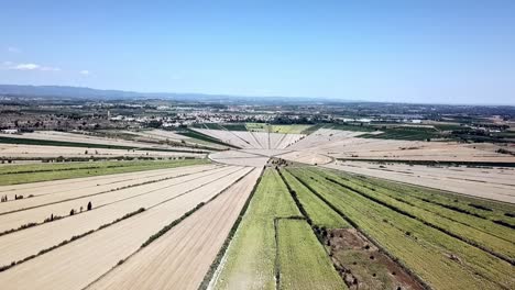 vista aérea de los campos circulares del lago drenado de montady, francia, europa