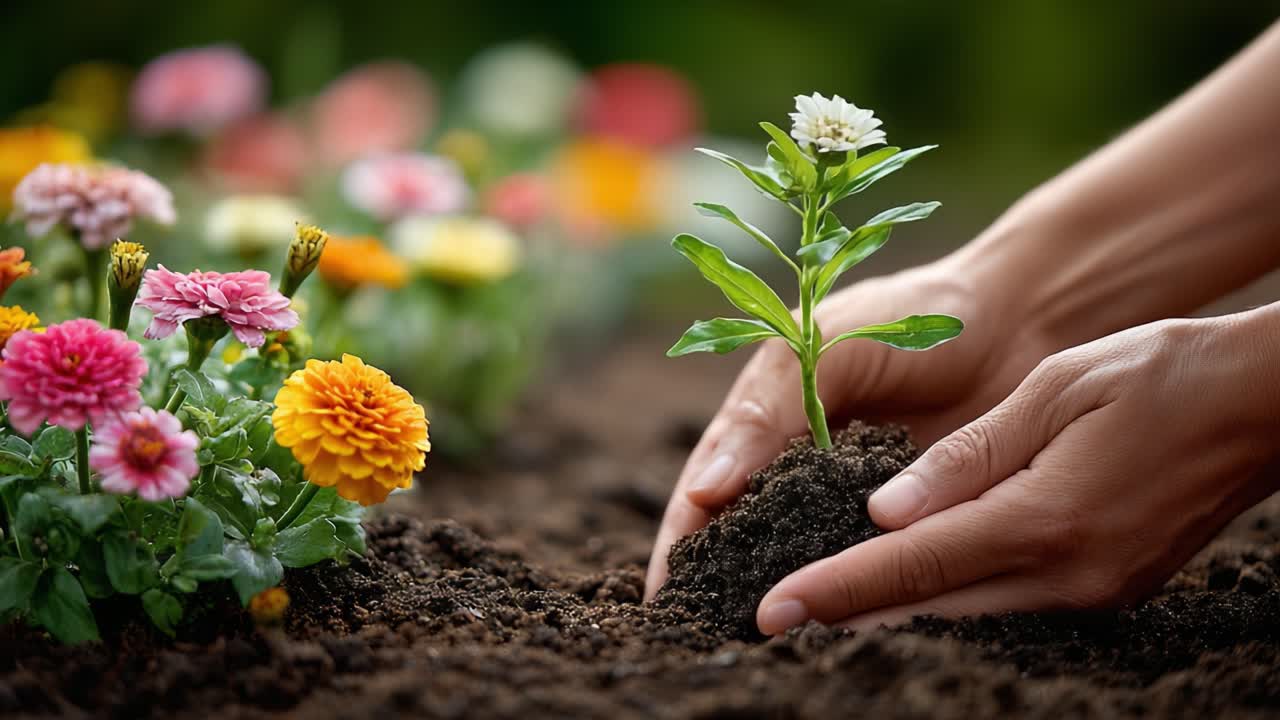 Nurturing Growth: A Gardener's Hands Cradle a Young Plant Amidst Vibrant Blooms, Showcasing the Beauty of Cultivation and Floral Diversity in a Life-Affirming Scene