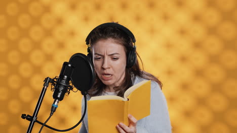 mujer haciendo voz en off lectura de libro para producir audiolibro, fondo de estudio