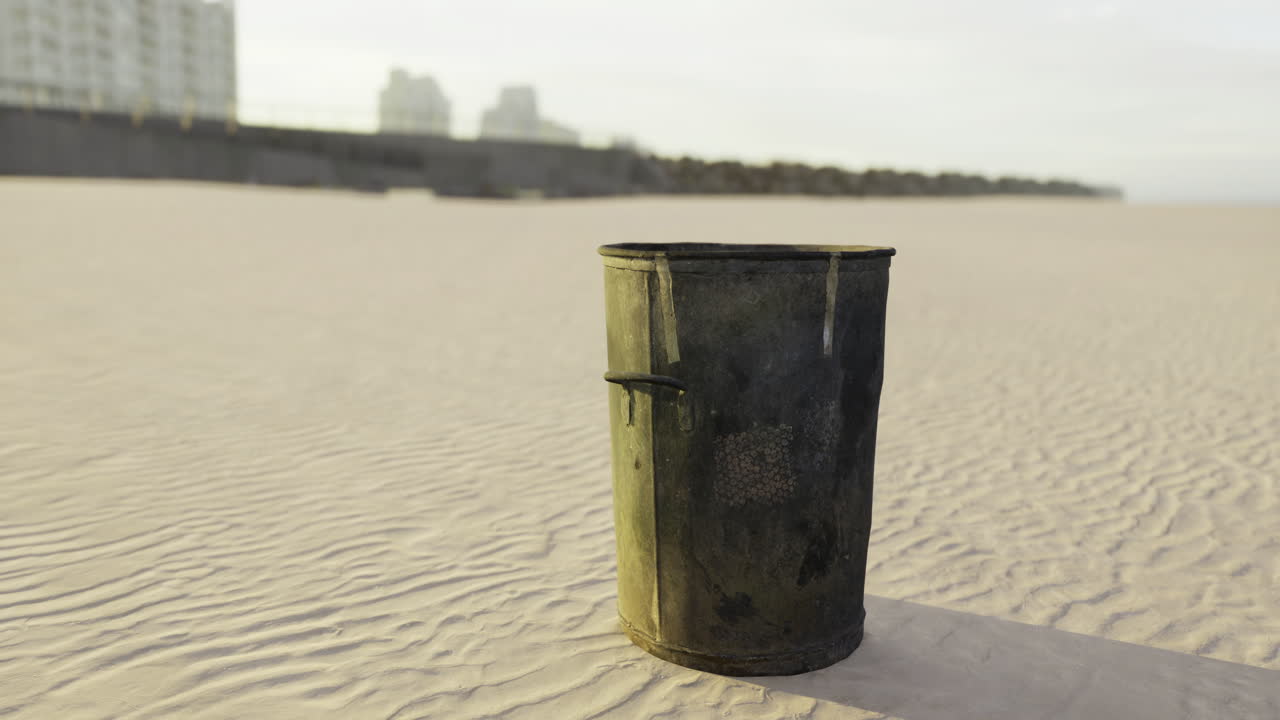 Eine einsame Mülltonne steht bei Sonnenaufgang am Sandstrand einer ruhigen Küstenstadt
