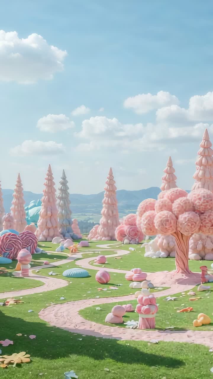 Vertical video: Panning camera revealing candy meadow, striped candy sphere rolling along pink path