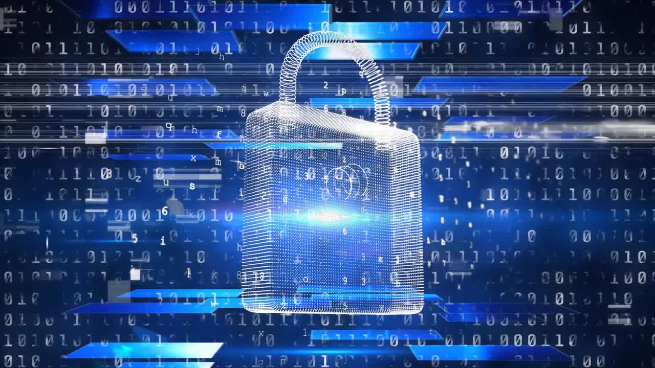 Animation of padlock with binary data processing and blue glowing shapes, on black
