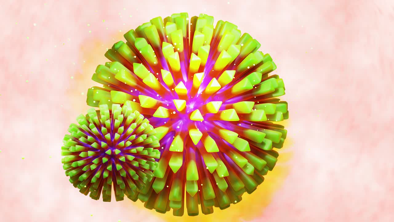 modelo 3d de coronavirus verde en la membrana mucosa. animación suave en bucle de 4k el virus flota en líquido. fondo microbiológico científico, representación 3d del virus. colores azul verde 11