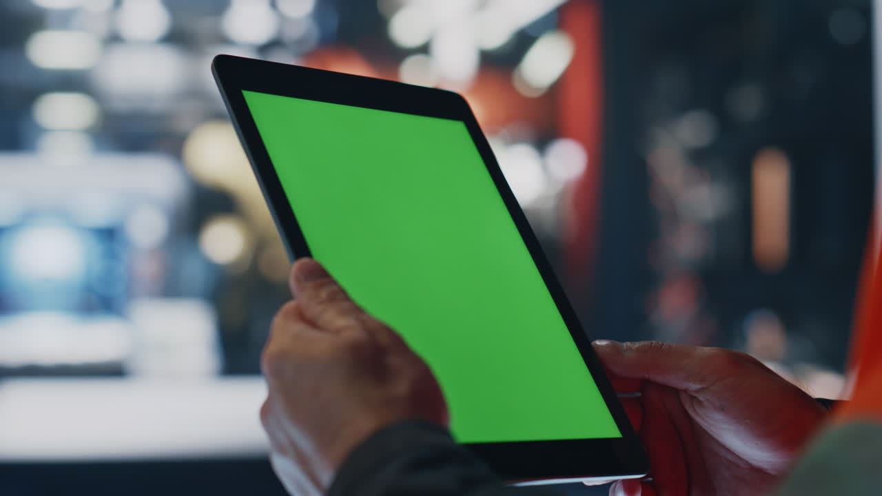 manos de ingeniero trabajando pantalla verde tablet computadora en el taller de la fábrica de cerca