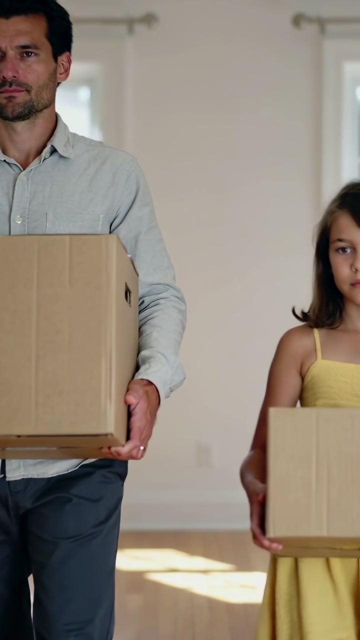 Vertical video: Entering frame man and girl in yellow dress carrying boxes moving into empty room