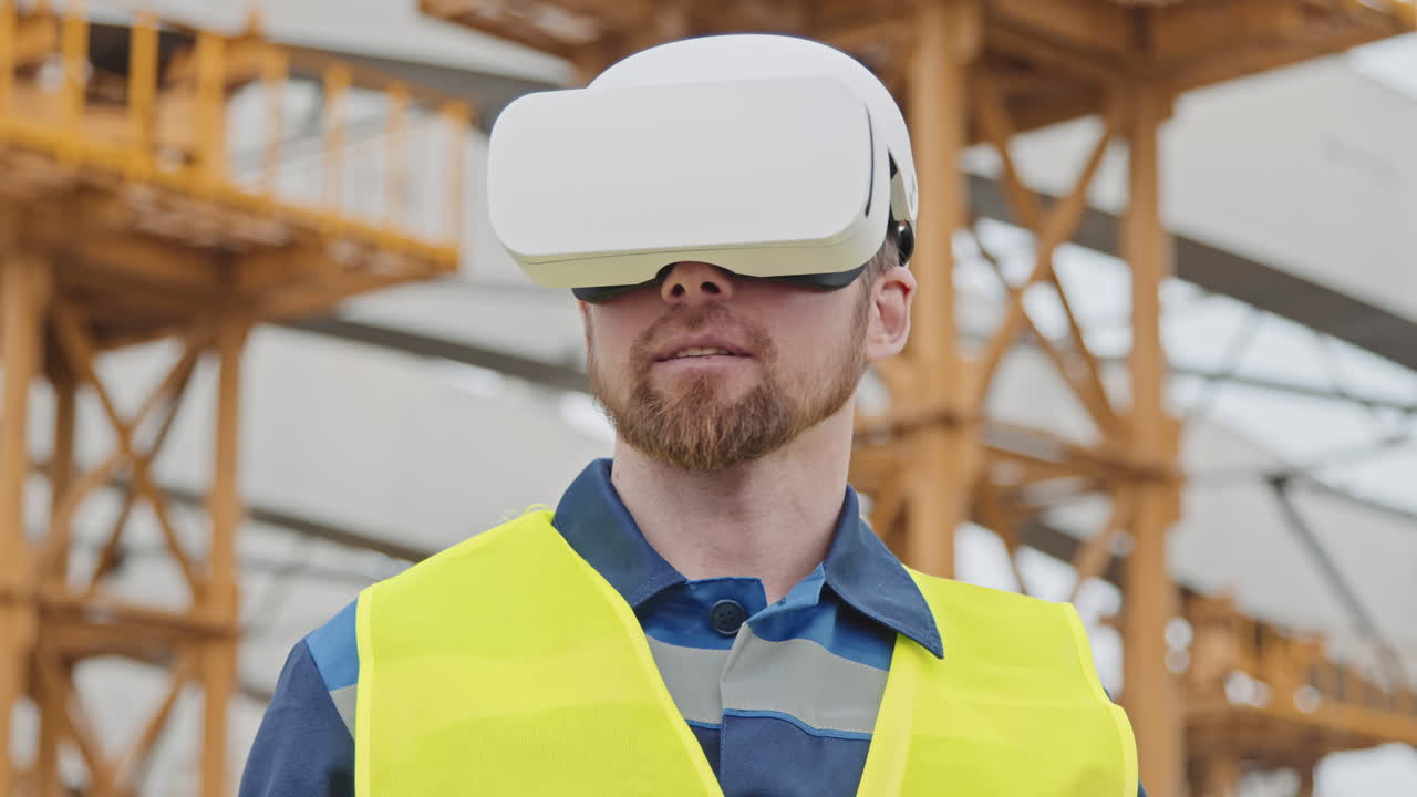 Worker Using VR Goggles at Construction Site