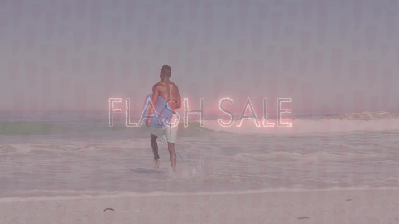 Running into ocean, surfer with animation overlay promoting flash sale