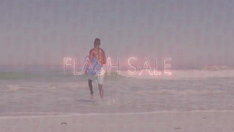 running into ocean, surfer with animation overlay promoting flash sale