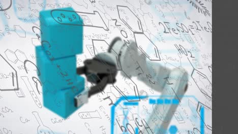 animation of chemical formula over robotic hand holding cubes