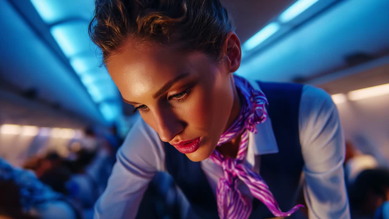 Assistente di volo concentrata che aiuta i passeggeri in aereo: attenzione ai dettagli e professionalità che catturano l'attenzione durante una piacevole esperienza di volo