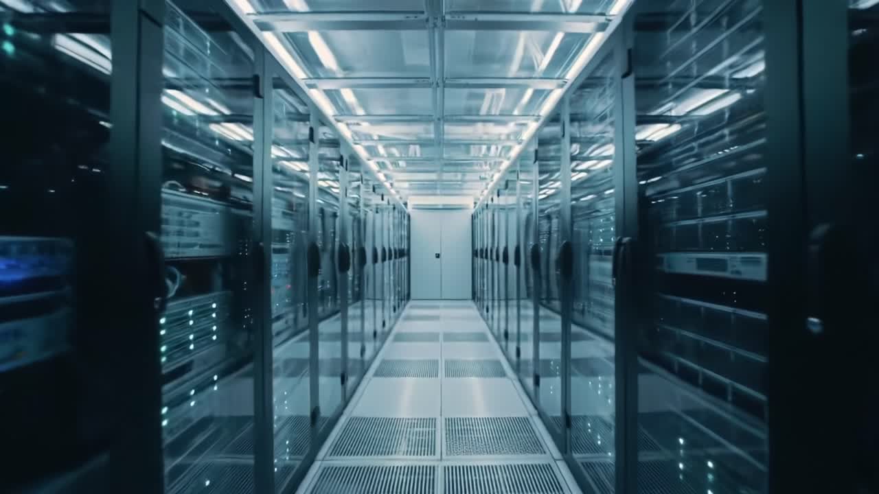 Exploring a Modern Data Center with Rows of Racks and Servers Illuminated by Soft Blue Lights, Representing High-Tech Infrastructure and Data Management Solutions