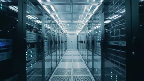 exploring a modern data center with rows of racks and servers illuminated by soft blue lights, representing high-tech infrastructure and data management solutions