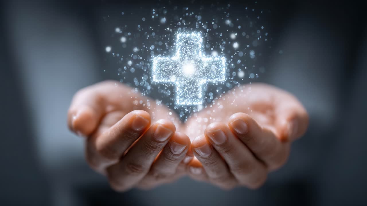 A Pair of Hands Embracing a Glowing Medical Cross Symbol, Signifying Health, Wellness, and Care in a Modern, Abstract Context