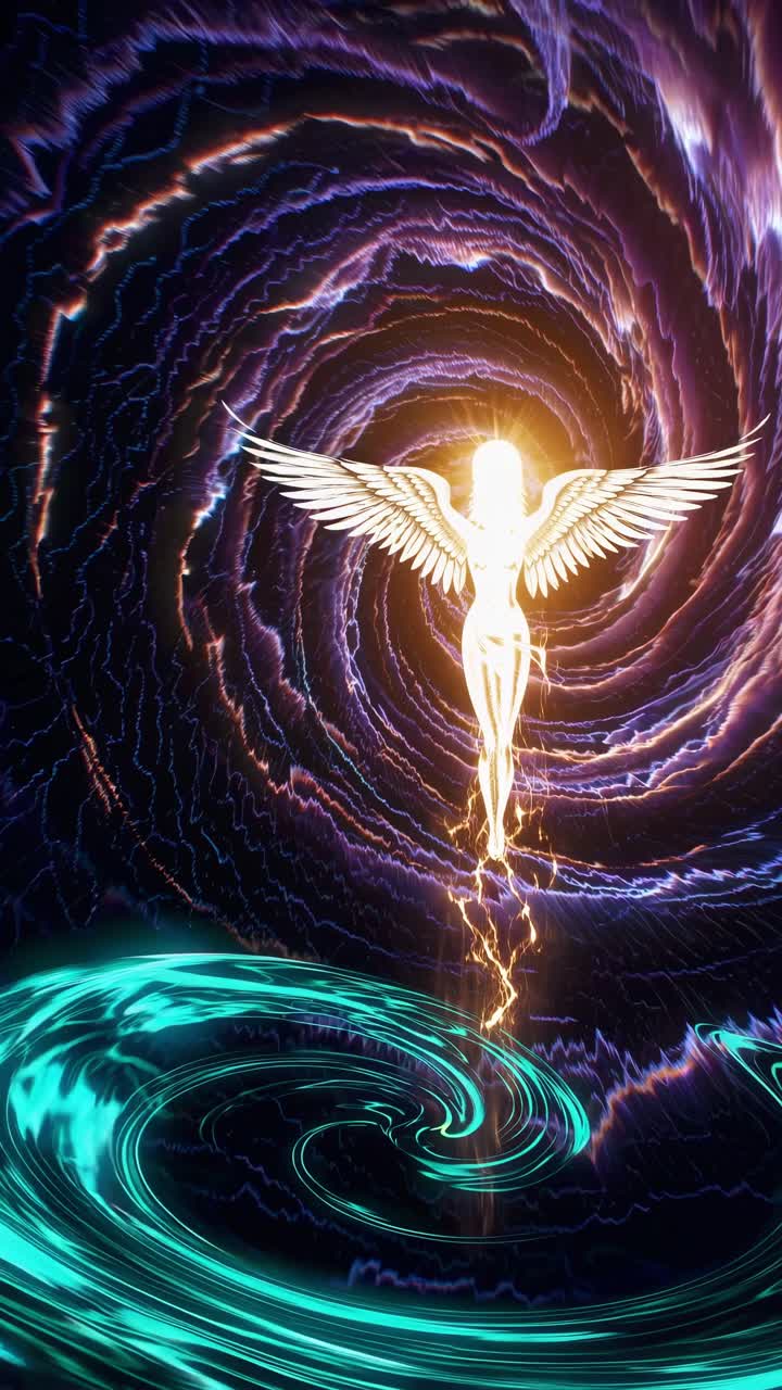 Glowing angel with large white wings descending gracefully into a swirling vortex of vibrant turquoise and purple energy, radiating light and evoking a sense of mystical wonder