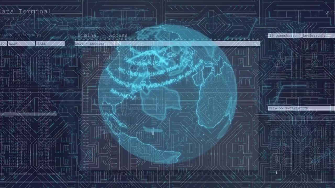 Animation of glowing blue globe turning and interface with information on black background