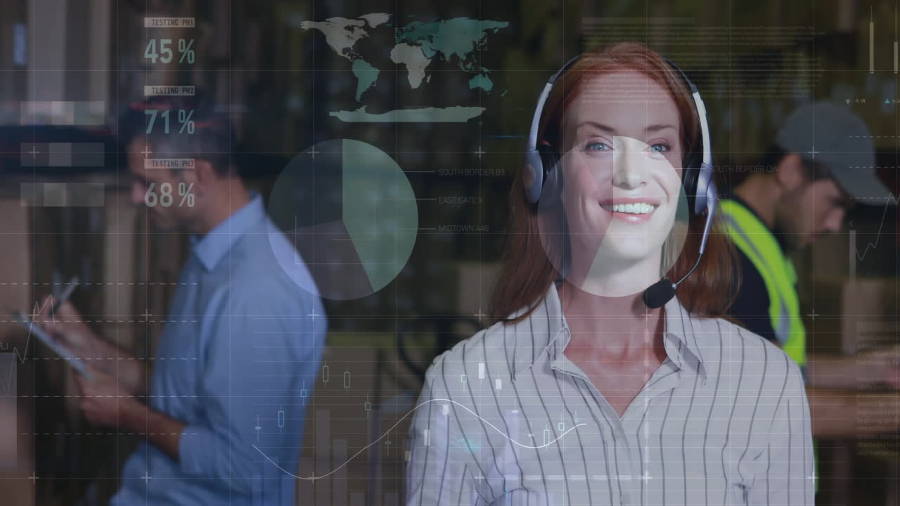 Animation of financial data processing and diverse workers in warehouse