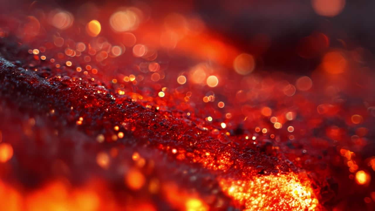 Captivating Close-up of Glowing Lava Texture, Showcasing the Intensity and Beauty of Molten Rock with Sparkling Particles and Brilliant Orange-Hued Lights in Abstract Form