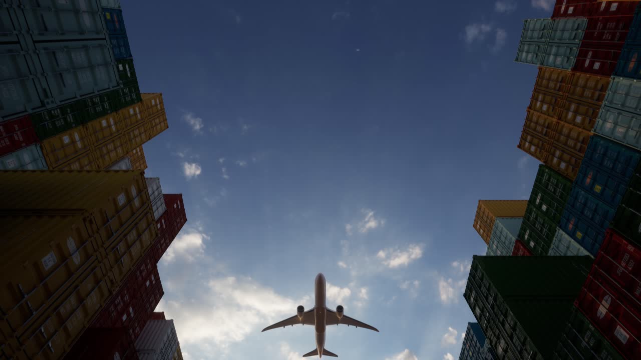 Logística de carga aérea, avión volando sobre contenedores de envío.